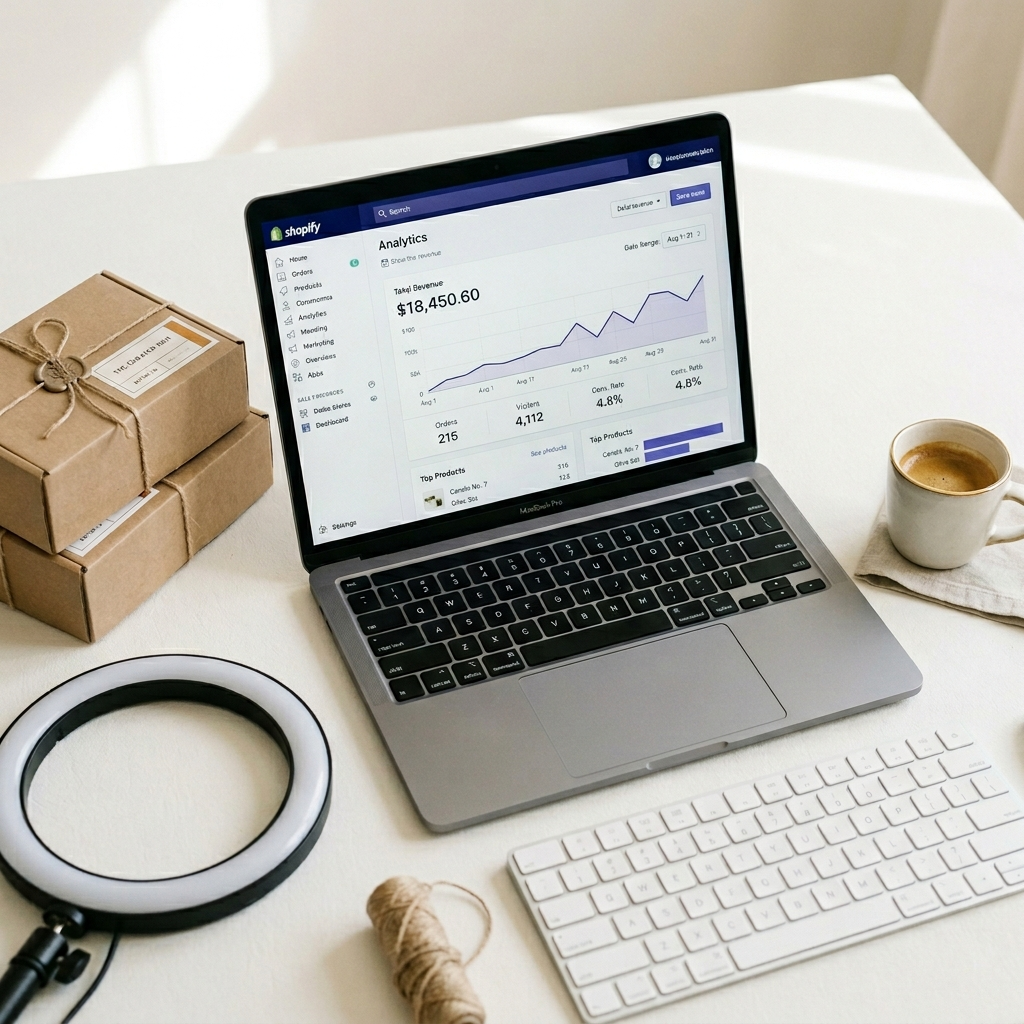 MacBook showing Shopify analytics dashboard